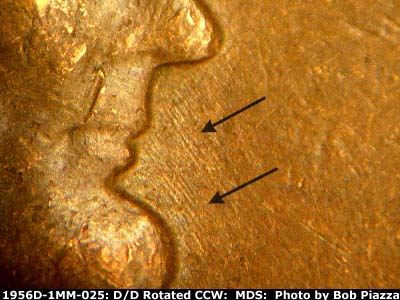 Die-stage B marker on 1956D•1MM•025 (1956 Repunched Mint Mark).