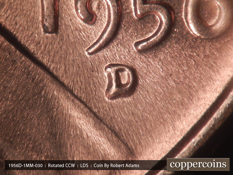 Die-stage C marker on 1956D•1MM•030 showing Closeup of mintmark.