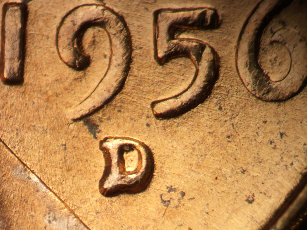 Die-stage B marker on 1956D•1MM•030 showing Close up of mintmarkm ESE die scratches through date.