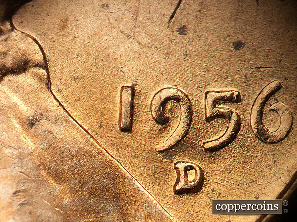 Die-stage B marker on 1956D•1MM•030 showing ESE die scratches through date.