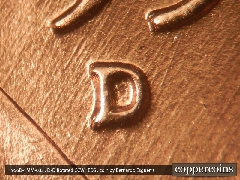 Die-stage A marker on 1956D•1MM•033 (1956 Repunched Mint Mark).