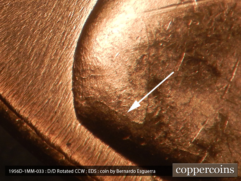 Die-stage A marker on 1956D•1MM•033 (1956 Repunched Mint Mark).