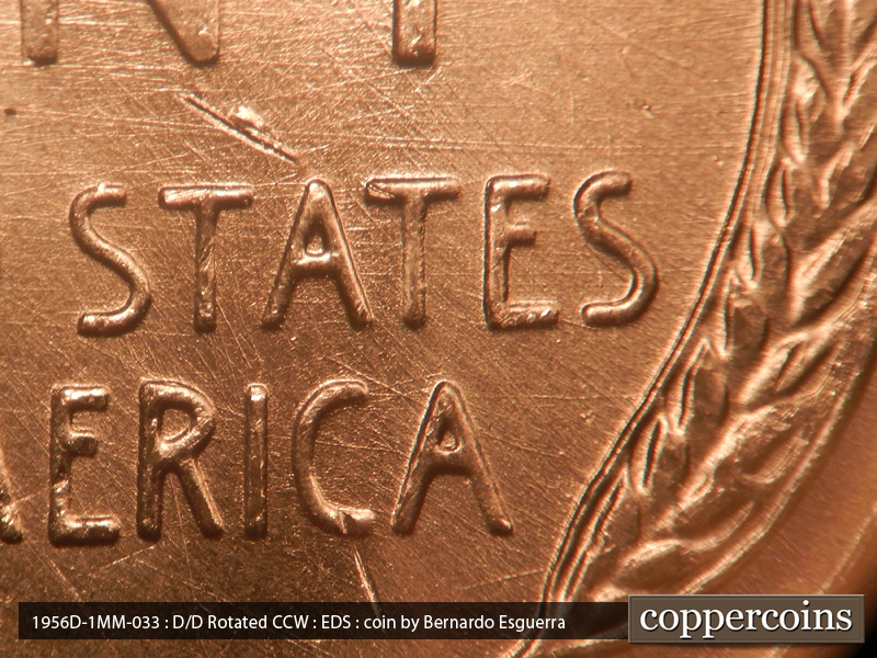 Die-stage A marker on 1956D•1MM•033 (1956 Repunched Mint Mark).