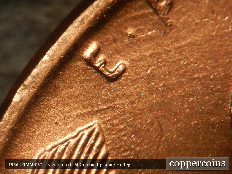 Die-stage B marker on 1956D•1MM•037 (1956 Repunched Mint Mark).