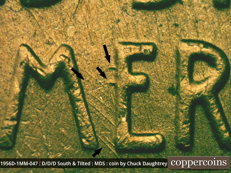 Die-stage B marker on 1956D•1MM•047 (1956 Repunched Mint Mark).