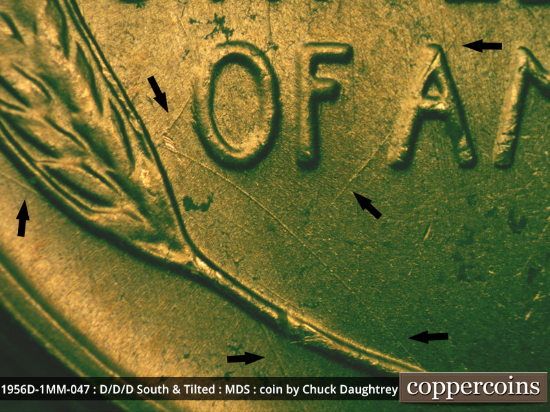 Die-stage B marker on 1956D•1MM•047 (1956 Repunched Mint Mark).