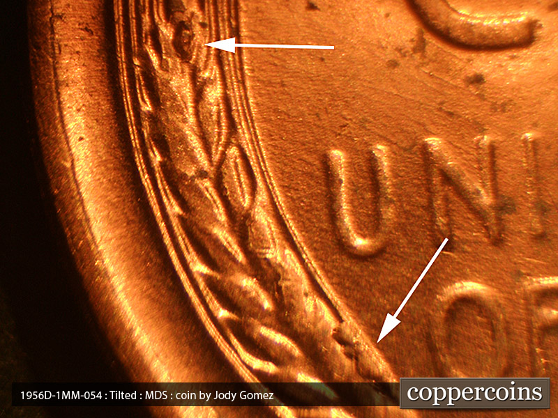 Die-stage B marker on 1956D•1MM•054 (1956 Repunched Mint Mark).