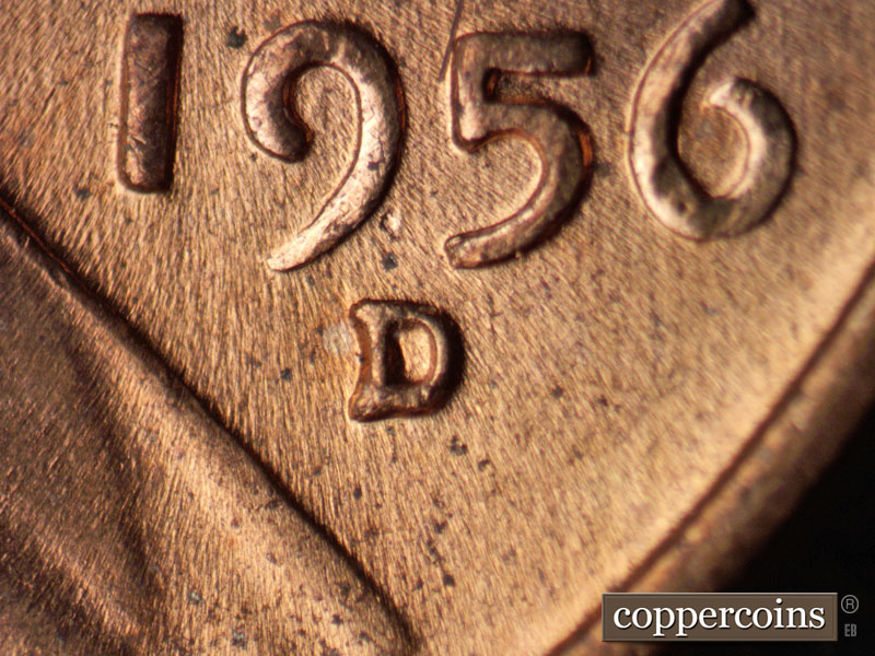 1956 Lincoln cent obverse, CopperCoins die 1956D•1MM•055.