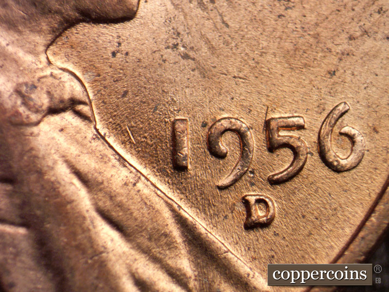 Die-stage B marker on 1956D•1MM•055 (1956 Repunched Mint Mark).