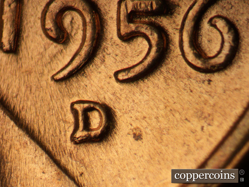 1956 Lincoln cent obverse, CopperCoins die 1956D•1MM•058.