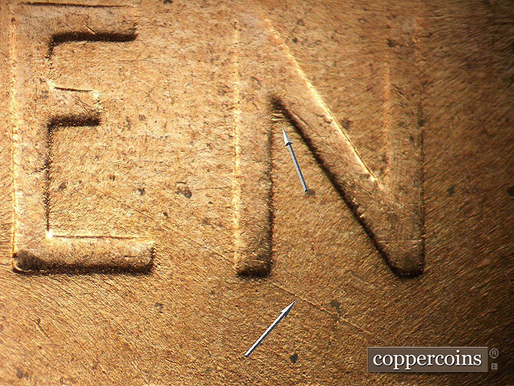 Die-stage A marker on 1956D•1MM•062 showing SE die scratch from bottom of N in CENT.