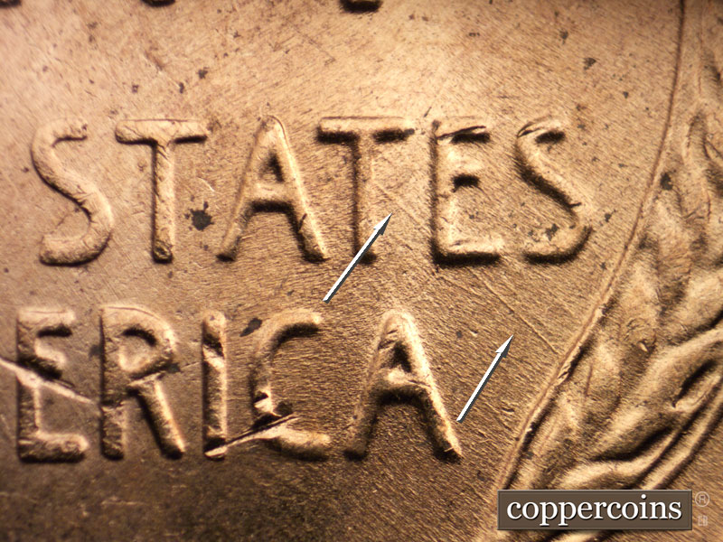 Die-stage B marker on 1956D•1MM•062 showing SE die scratch through TE in STATES.