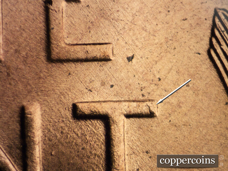 Die-stage B marker on 1956D•1MM•062 showing Small die chip on T in CENT.