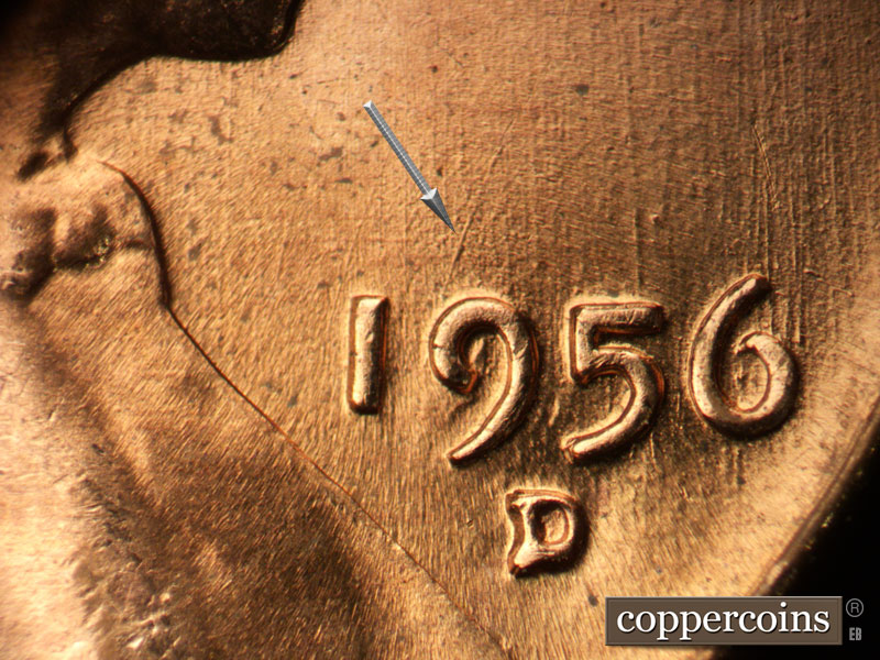 Die-stage B marker on 1956D•1MM•072 (1956 Repunched Mint Mark).