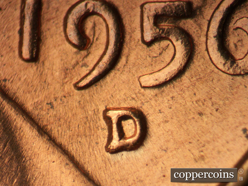 1956 Lincoln cent obverse, CopperCoins die 1956D•1MM•074.