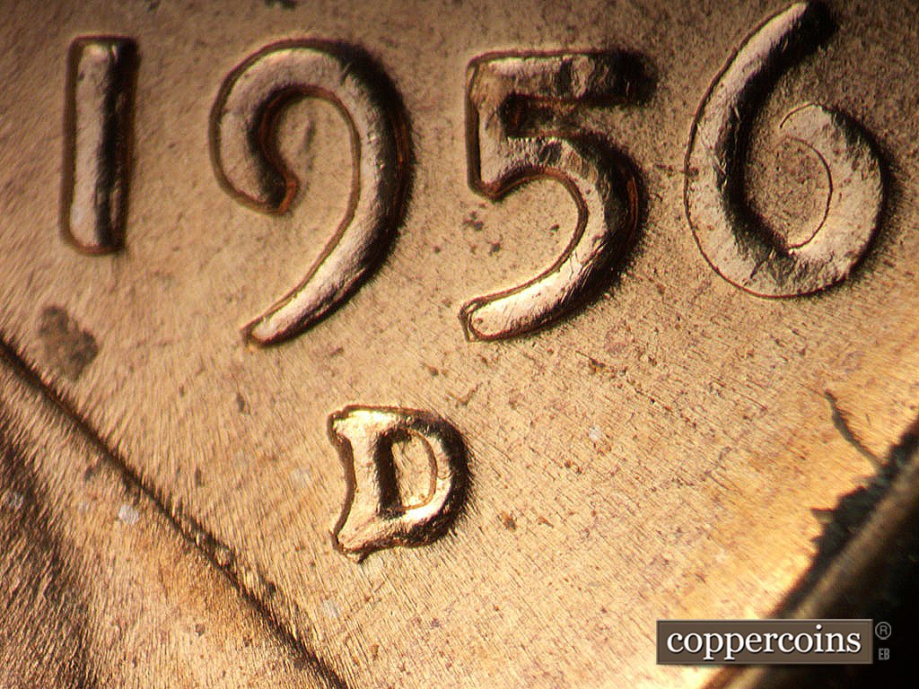 Die-stage B marker on 1956D•1MM•085 showing Closeup of repunched mintmark.