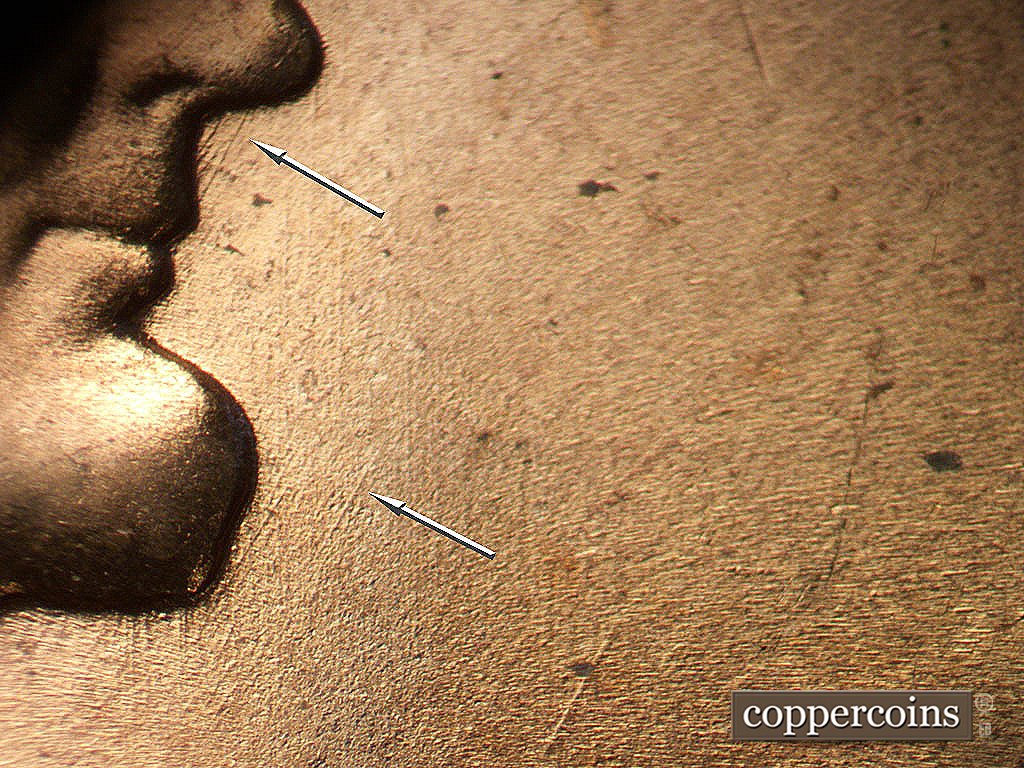 Die-stage B marker on 1956D•1MM•085 showing SW die scratch from nose, SW die scratch in front of beard.