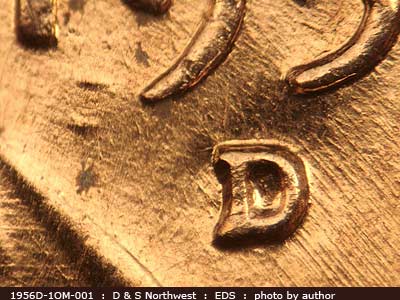 Die-stage A marker on 1956D•1OM•001 (1956 Over Mint Mark).