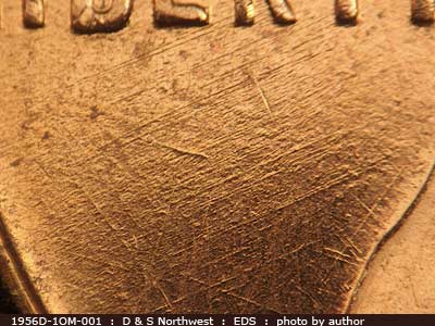 Die-stage A marker on 1956D•1OM•001 (1956 Over Mint Mark).
