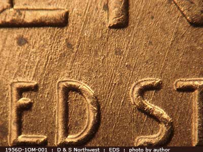 Die-stage A marker on 1956D•1OM•001 (1956 Over Mint Mark).