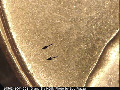 Die-stage B marker on 1956D•1OM•001 (1956 Over Mint Mark).