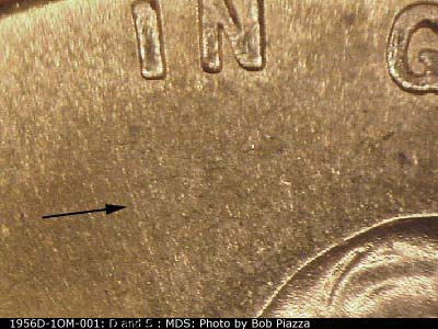 Die-stage B marker on 1956D•1OM•001 (1956 Over Mint Mark).
