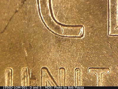 Die-stage B marker on 1956D•1OM•001 (1956 Over Mint Mark).