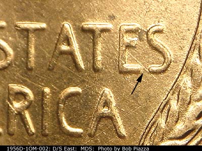 Die-stage B marker on 1956D•1OM•002 (1956 Over Mint Mark).