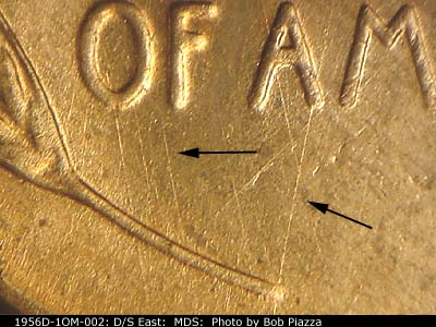 Die-stage B marker on 1956D•1OM•002 (1956 Over Mint Mark).