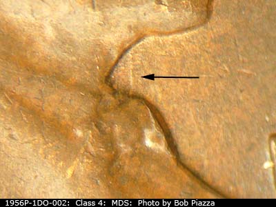Die-stage B marker on 1956P•1DO•002 (1956 Doubled Die Obverse).