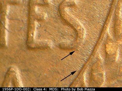 Die-stage B marker on 1956P•1DO•002 (1956 Doubled Die Obverse).