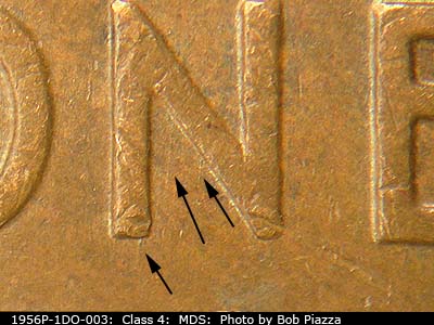 Die-stage B marker on 1956P•1DO•003 (1956 Doubled Die Obverse).