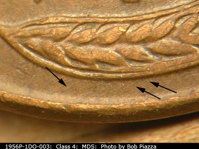 Die-stage B marker on 1956P•1DO•003 (1956 Doubled Die Obverse).