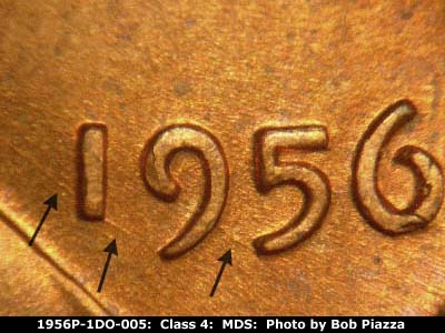 Die-stage B marker on 1956P•1DO•005 (1956 Doubled Die Obverse).