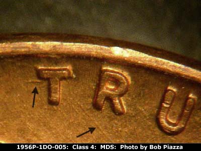 Die-stage B marker on 1956P•1DO•005 (1956 Doubled Die Obverse).
