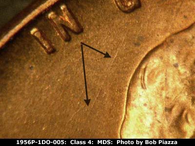 Die-stage B marker on 1956P•1DO•005 (1956 Doubled Die Obverse).