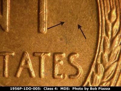 Die-stage B marker on 1956P•1DO•005 (1956 Doubled Die Obverse).