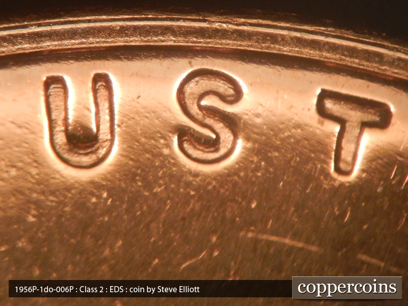 Die-stage A marker on 1956P•1DO•006P (1956 Doubled Die Obverse).
