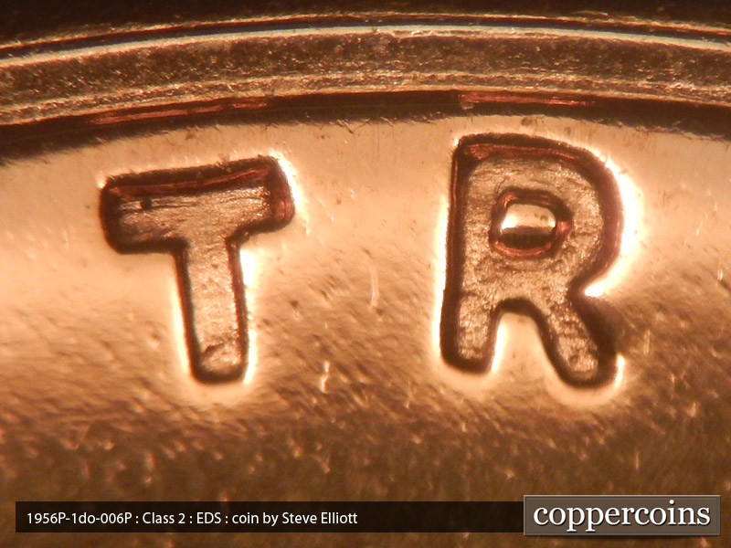 Die-stage A marker on 1956P•1DO•006P (1956 Doubled Die Obverse).