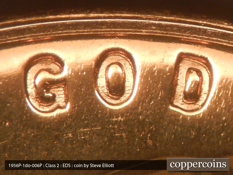 Die-stage A marker on 1956P•1DO•006P (1956 Doubled Die Obverse).