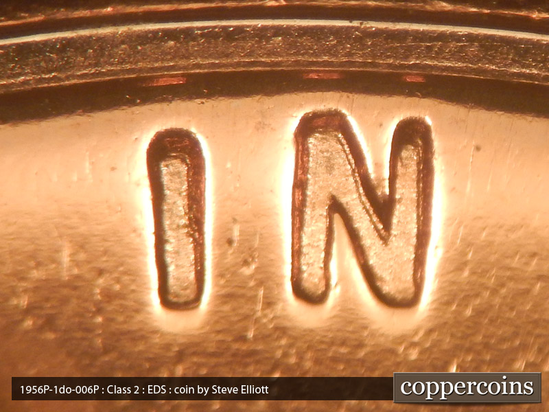 Die-stage A marker on 1956P•1DO•006P (1956 Doubled Die Obverse).