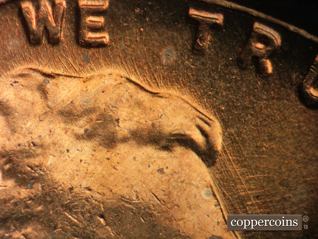 Die-stage B marker on 1956P•1DO•008 showing Die scratches from top of hair under WE.