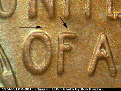 Die-stage C marker on 1956P•1DR•001 (1956 Doubled Die Reverse).