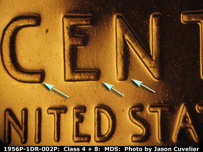 Die-stage B marker on 1956P•1DR•002P (1956 Doubled Die Reverse).