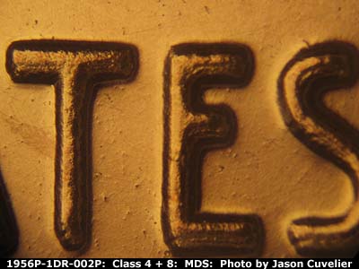 Die-stage B marker on 1956P•1DR•002P (1956 Doubled Die Reverse).