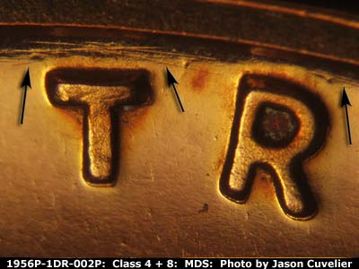Die-stage B marker on 1956P•1DR•002P (1956 Doubled Die Reverse).