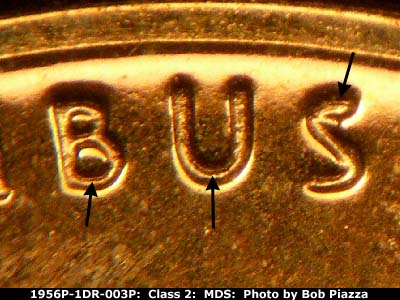 Die-stage B marker on 1956P•1DR•003P (1956 Doubled Die Reverse).