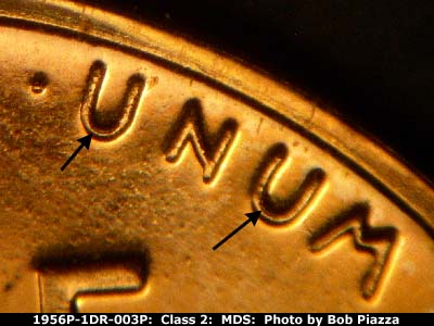 Die-stage B marker on 1956P•1DR•003P (1956 Doubled Die Reverse).