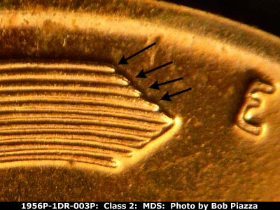 Die-stage B marker on 1956P•1DR•003P (1956 Doubled Die Reverse).