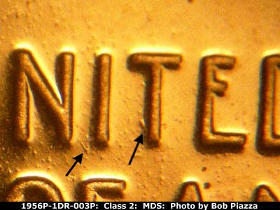 Die-stage B marker on 1956P•1DR•003P (1956 Doubled Die Reverse).